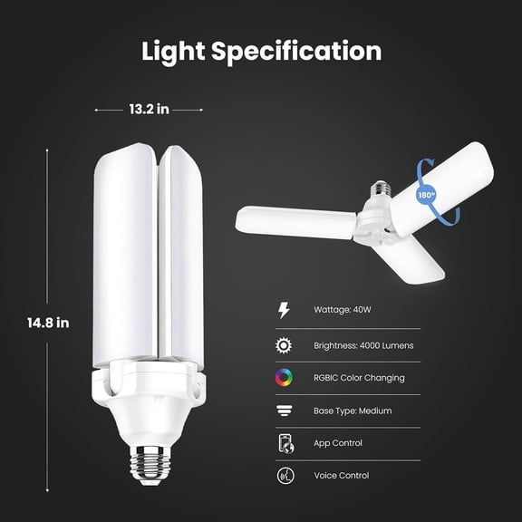 Smart LED Garage Light, 4000 Lumens RGBW Color Changing Deformable Panels, 2.4GHz WiFi App Control, Works with Alexa & Google, E26 Screw-in Ceiling Light for Garage ADJ4000/RGBW/LED/AG