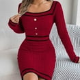 thumbnail image 4 of Ediodpoh Women Autumn Winter Knitted Block Striped Long Sleeve Midi Dress Sweater Dress with Square Neck Buttons Red M, 4 of 7
