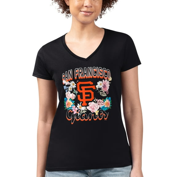 Women's G-III 4Her by Carl Banks Black San Francisco Giants Super-Slim Fit Lightweight Flowers Graphic V-Neck T-Shirt