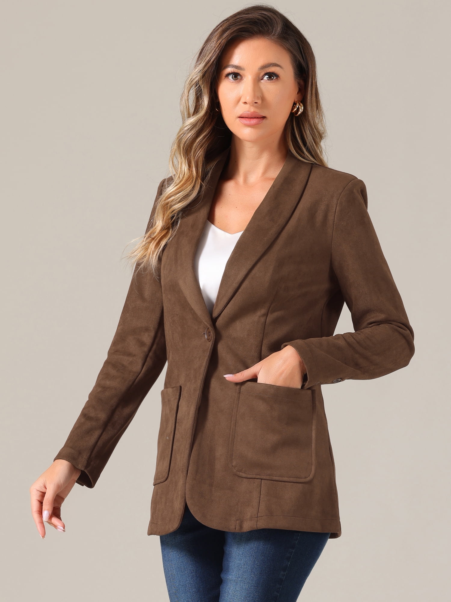 DARING DIVA Women's Faux Suede Lapel Collar One Button Dressy Suit Jacket XS Brown