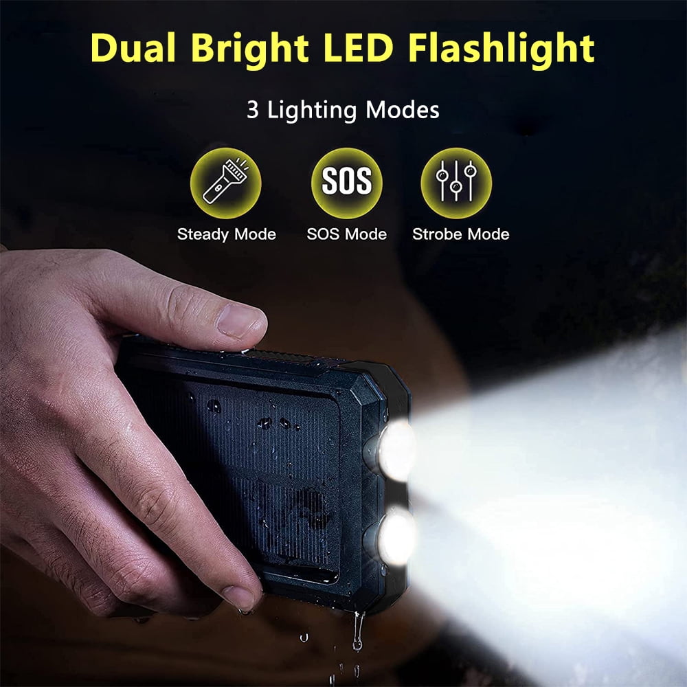 DFITO 10000mAh Solar Power Bank for Cell Phone iPhone, Portable Solar Charger with Dual 5V USB Ports, 2 Led Light Flashlight, Compass Battery Pack for Outdoor Camping Hiking ,Black