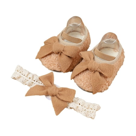 

LSFYSZD Baby Girl Flat Shoes Solid Color Coral Fleece Bowknot Non-Slip Shoes Soft Sneakers + Headband