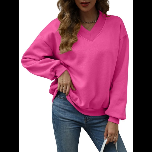 Sudadera de Cuello en V de Gran Tamaño para Mujer, Sudadera de de Larga, Sudadera con Capucha, Top Cómodo. Rosa Roja L
