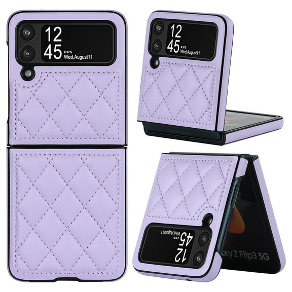 Dteck for Samsung Galaxy Z Flip 7 5G (2025) Case, Shockproof Cute PU Leather Cover for Women Men Diamond-Shaped Pattern Flip Slim Protective Bumper Case, Purple