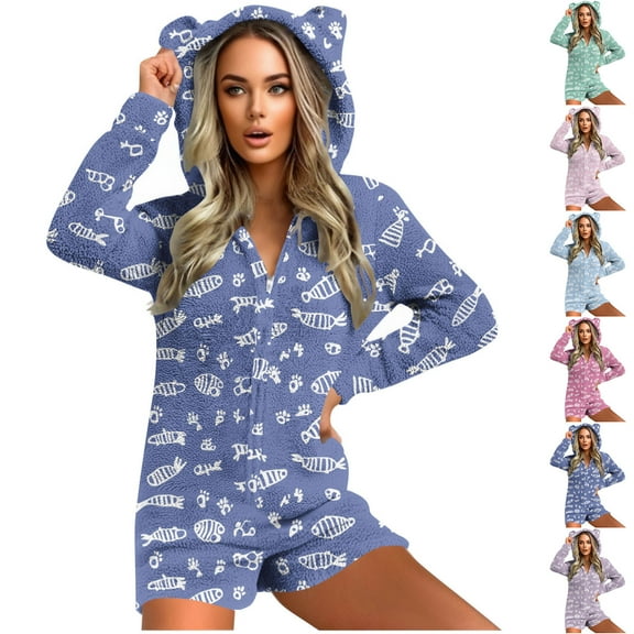 purcolt Women's Adult Animal Onesie Pajamas, Long Sleeve Zipper Front One Piece Fuzzy Hooded Shorts Jumpsuit Cute Bear Ear Winter Warm Sleepwear Homewear