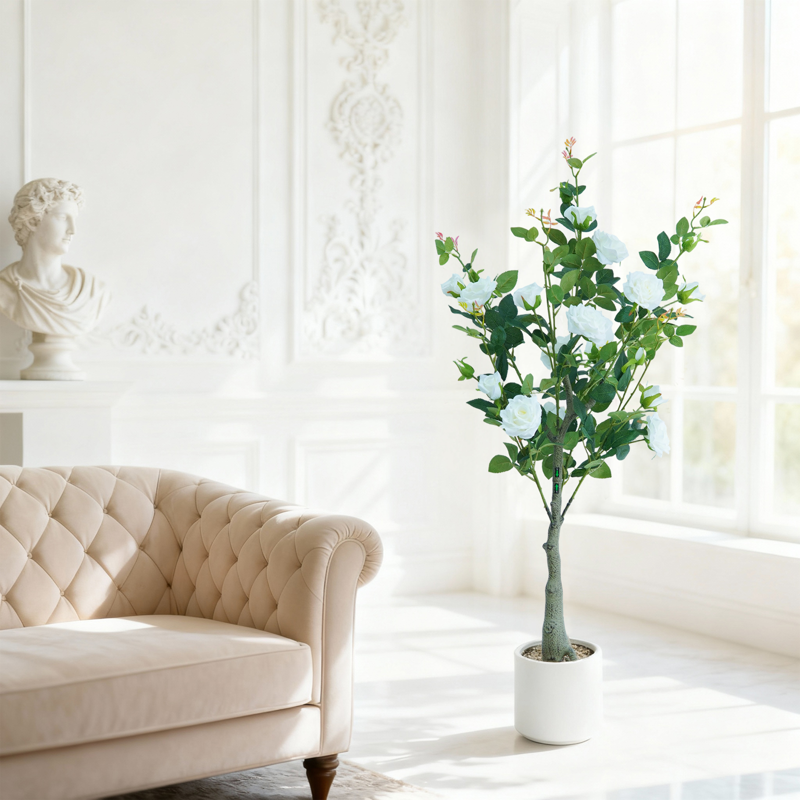 Lifelike & UV Resistant Artificial Rose Tree – 120cm Faux Plant with Silk Flowers & Plastic Leaves, White Pot, Easy Maintenance, Nordic Home/Office Décor
