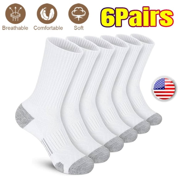 6 Pairs Men's Crew Socks Athletic Running Sports Socks, Cushioned Moisture Wicking, Breathable Arch Support