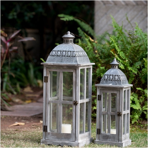JERFIT Gray Wood and Glass Hurricane Candle Lanterns Set of 2, Decorative Indoor Outdoor Wooden Holder for Home Garden Wedding Party Decor