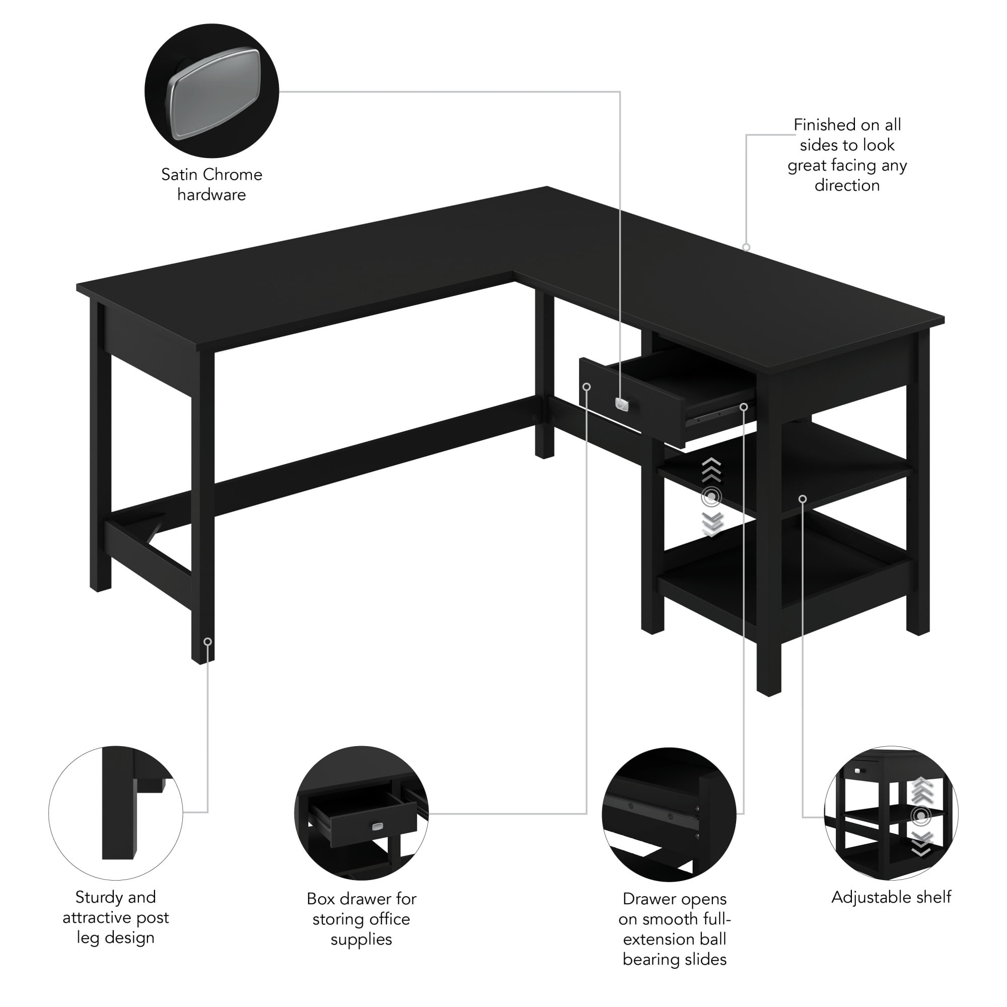 Bush Furniture Broadview 60W L Shaped Computer Desk with Storage in Classic Black