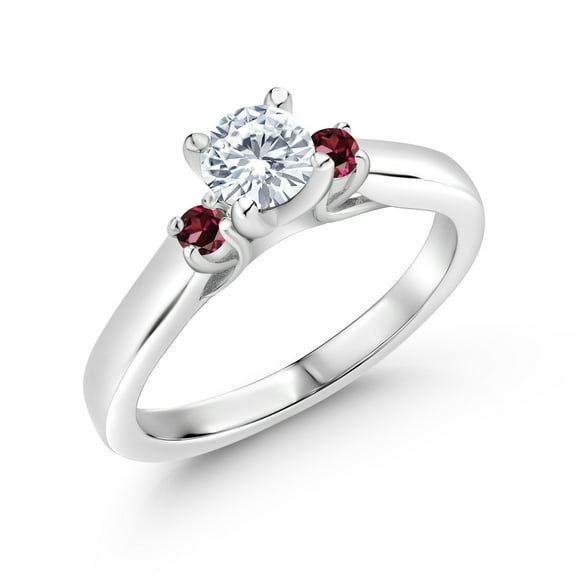 Gem Stone King 925 Sterling Silver White Lab Grown Diamond and Red Rhodolite Garnet 3-Stone Engagement Ring for Women (0.68 Cttw, Gemstone April Birthstone, Size 6)