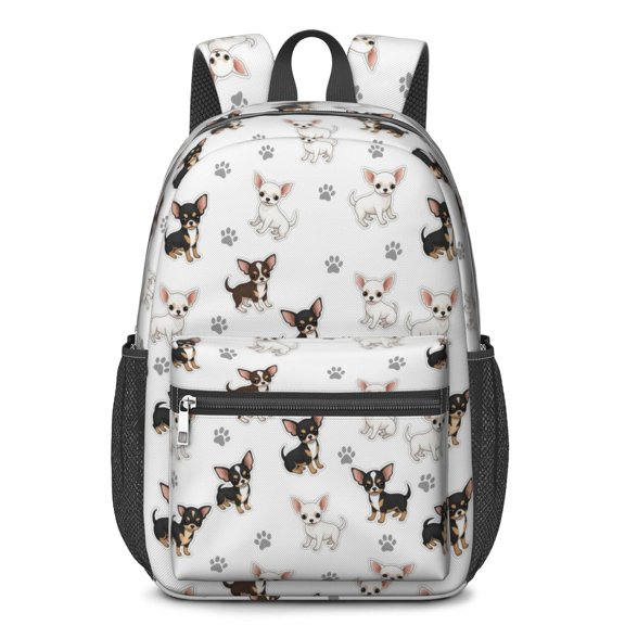 Chihuahua and Dog Paw Print White 17" Waterproof Oxford School Backpacks for Teens, S-Shape Padded Straps, for School, Travel, Hiking, Camping