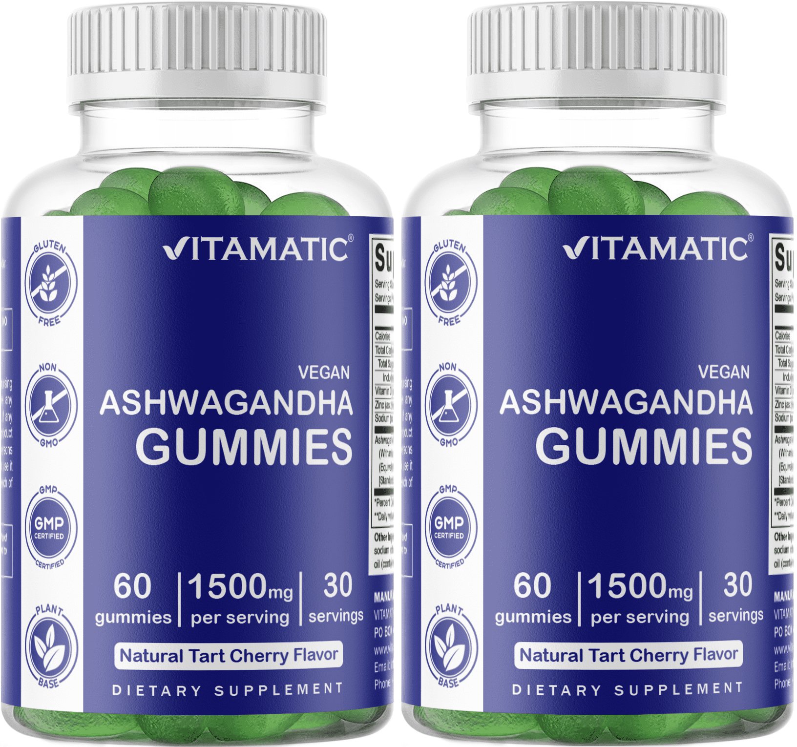2 Pack Vitamatic Ashwagandha Gummies 1500mg per Serving - 60 Vegan Gummies - 3% Withanolides - Promotes Stress Relief Naturally, Relaxation, Calmness & Immune Health (Total 120 Gummies)