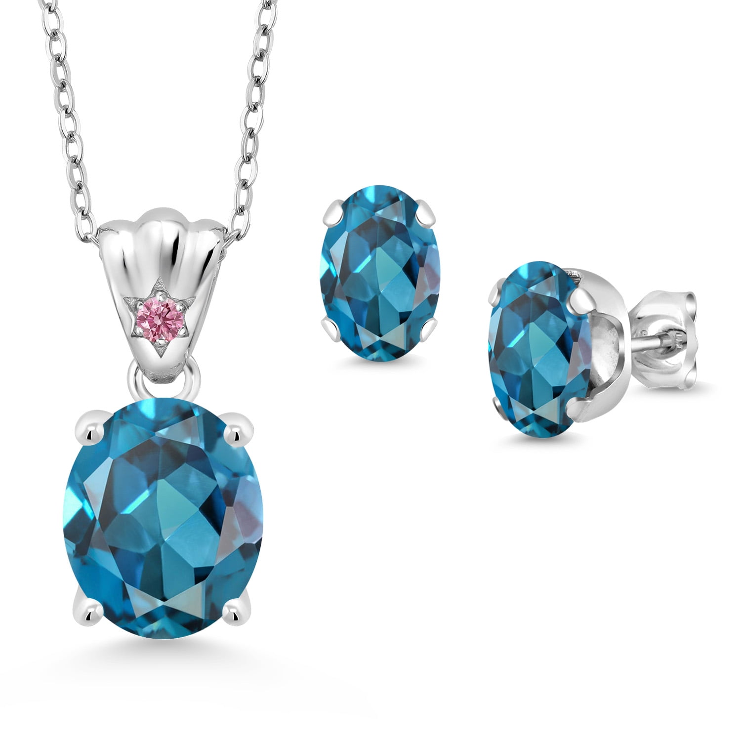 925 Sterling Silver London Blue Topaz and Pink Lab Grown Diamond Pendant and Earrings Jewelry Set for Women (7.24 Cttw, Gemstone Birthstone, Oval 11X9MM and 8X6MM with 18 inch Silver Chain)