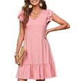 thumbnail image 3 of Women Summer Dresses Ruffle Short Sleeve Smocked V Neck Casual Loose A-Line Swing Mini Dress Sundress Pink L, 3 of 7