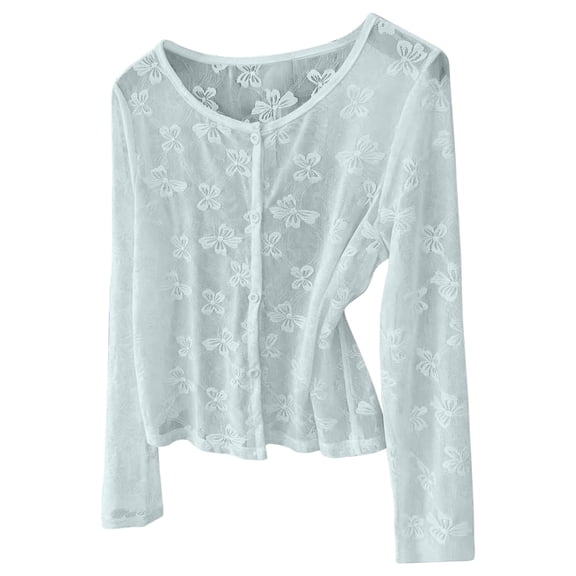 TEAJOPSUU Women's Plus Size Floral Cardigans Lace Breathable Button Down Sweater Long Sleeve Cropped Coverup Cardigans L-5XL Light Blue