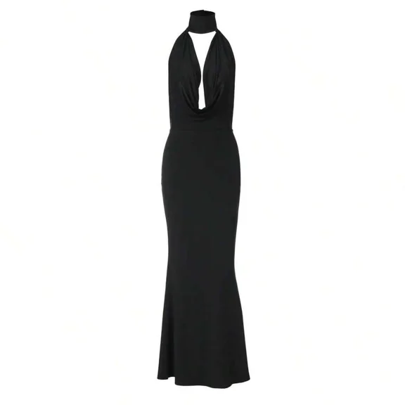 Black Halter Neck Maxi Dress With Draped Plunge Front And Open Back