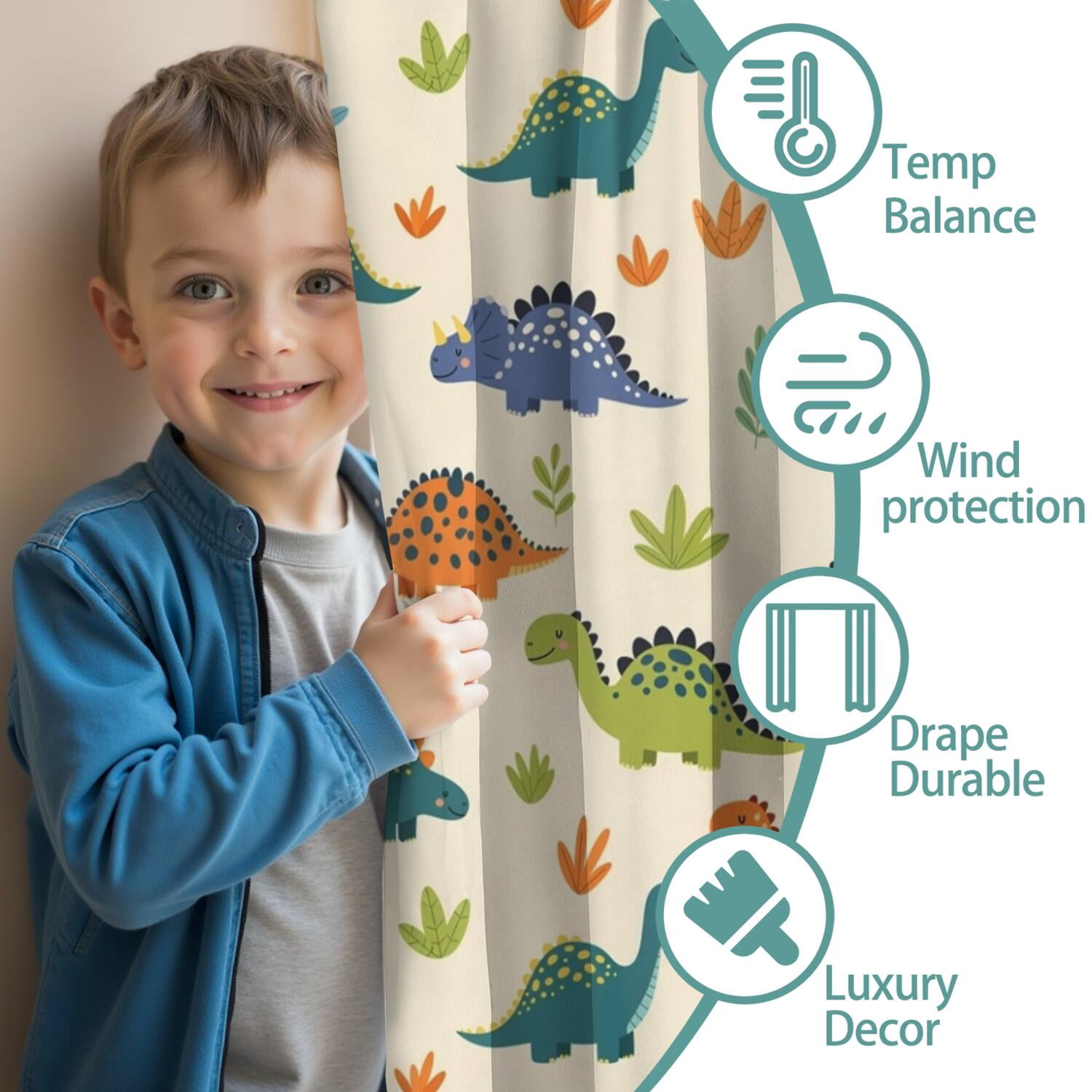 Blackout Kids Curtains,Beige Dinosaurs Plants Leaves Pattern Childrens Insulated Curtains Set Of 2,Bedroom Essentials,Toddler Room Decor 42"x54"