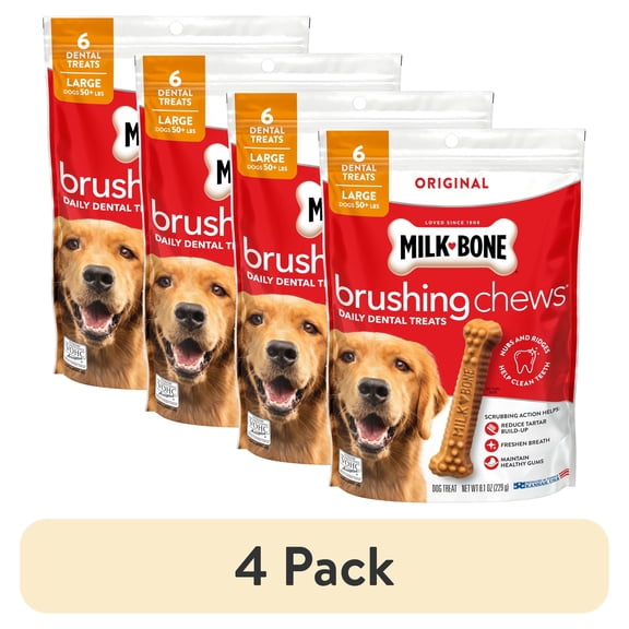 (4 pack) Milk Bone Brushing Chews Original Chicken Flavor Daily Dental Dog Treats, Large, 8.1 oz Bag