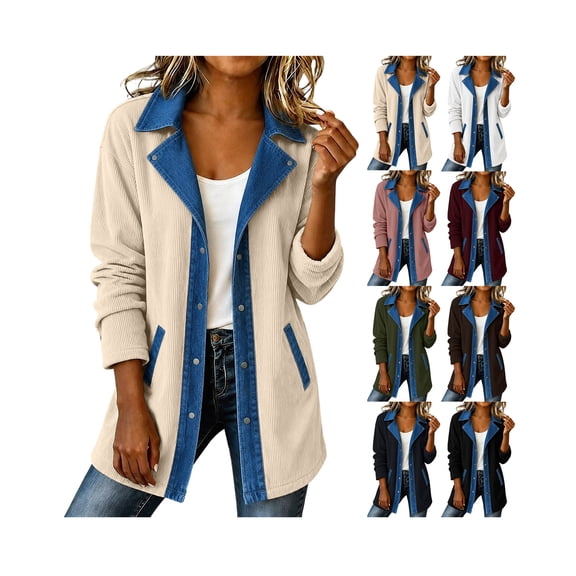 Jean Jacket Women Corduroy Button Down Jean Jackets Casual Long Sleeve Cardigan Shacket Patchwork Collared Loose Travel Quilted Jacket