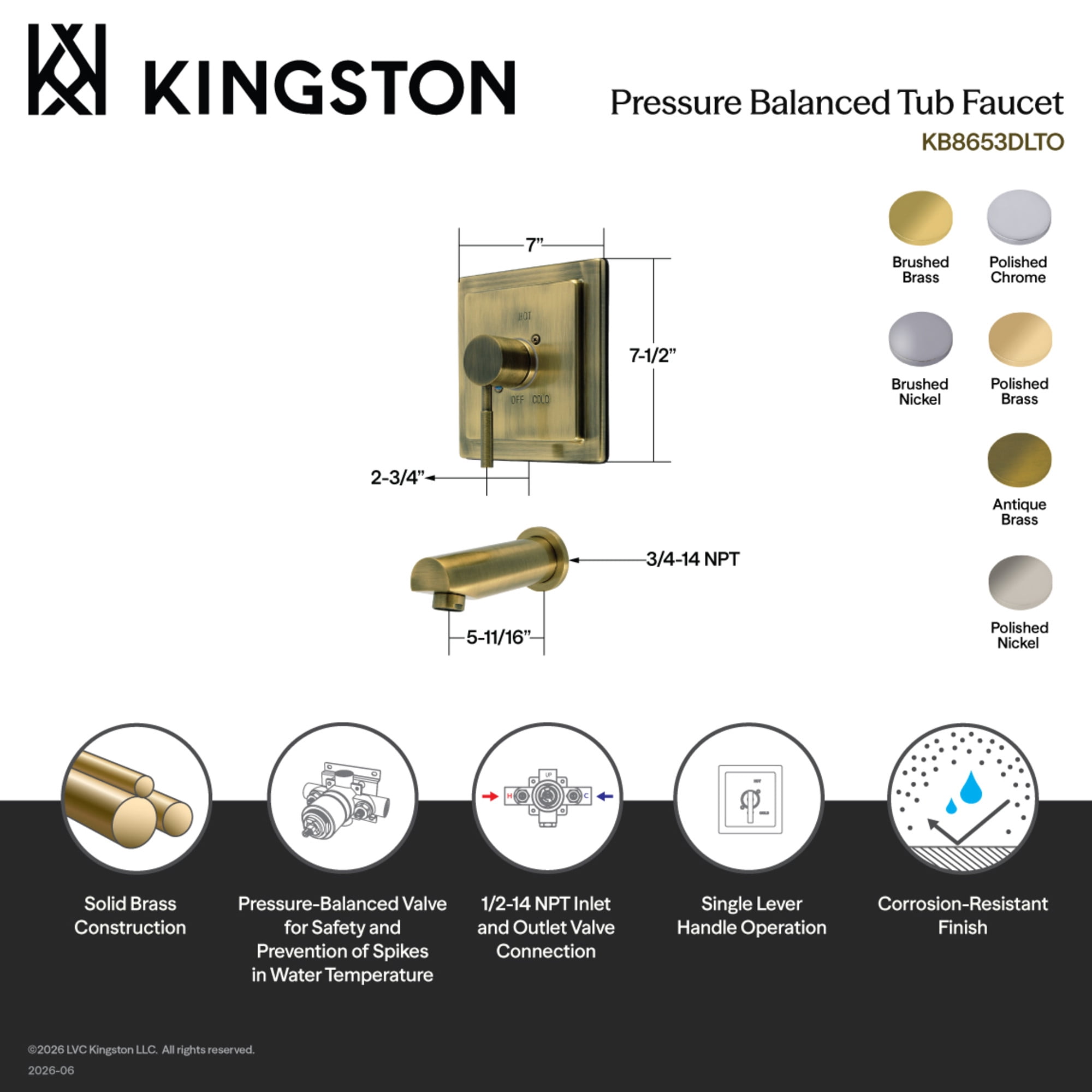 Kingston Brass KB8658DLTO Concord Single-Handle Pressure Balanced Tub Faucet in Brushed Nickel
