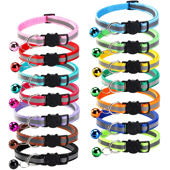GASTROPOD 14 Pack Breakaway Cat Collar with Bell, Reflective Kitten Collar for Girl Boy Cats, Safety Buckle Adjustable 7.5-12.5”, 0.4” Width Lightweight, Pet Gifts (Multi-Colored)