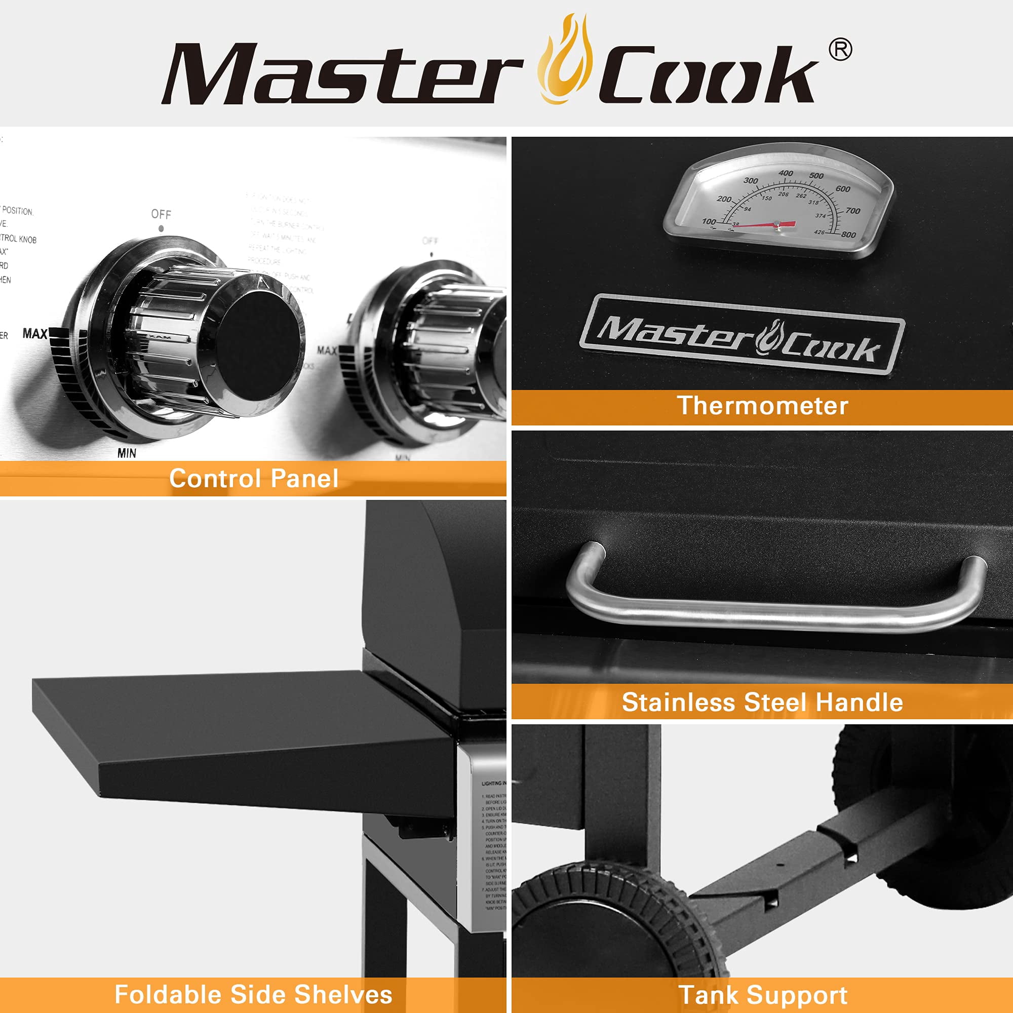Master Cook 3-Burner Propane Gas Grill, 472 Sq In Cooking Area, 30,000 BTU Outdoor BBQ Grill for Patio, Backyard