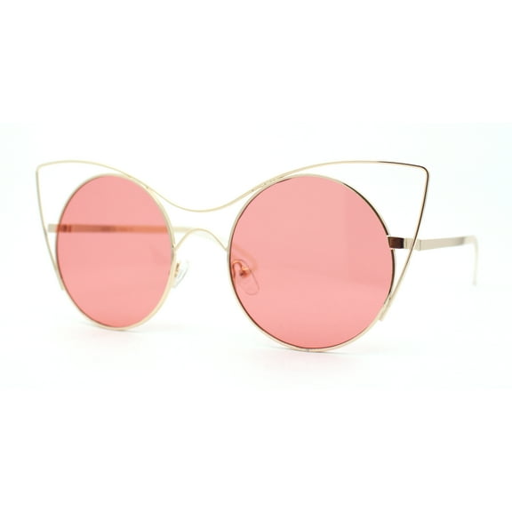 Womens Round Circle Lens Negative Space Wire Rim Cat Eye Sunglasses Gold - Pink