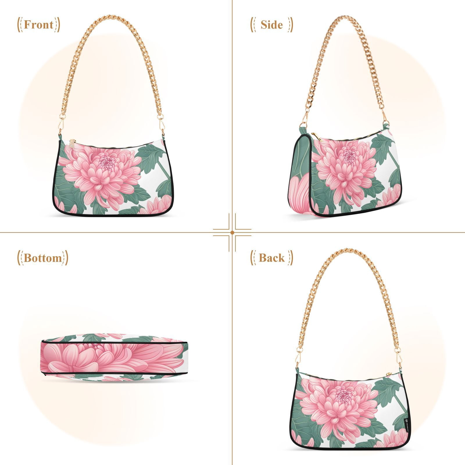 Pink Flower with Green LeavesWomen Small Shoulder Bag Crossbody Tote Hobo Bags Purse Clutch Handbags with Chain Strap for Women