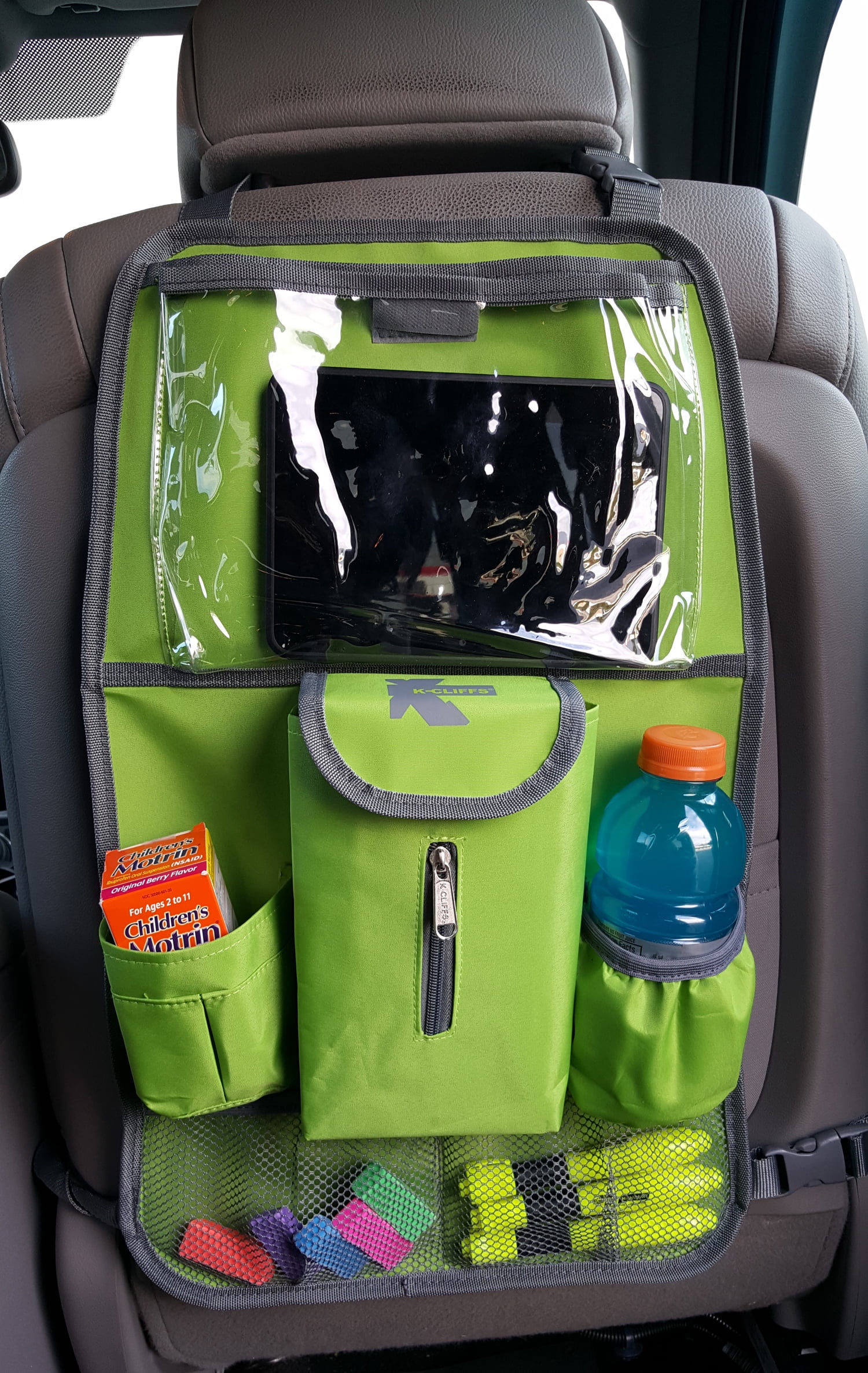 K-Cliffs Car Backseat Organizer Heavy Duty Kick Mat With iPad Tablet Pocket & Tissue Dispenser   Lime Green