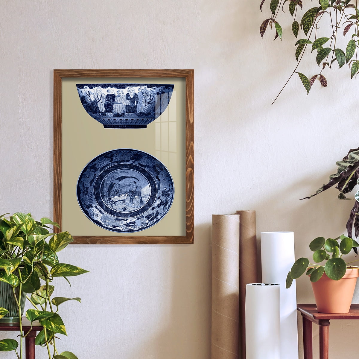 Porcelain in Blue and White II -Framed Print w/glass-Walnut