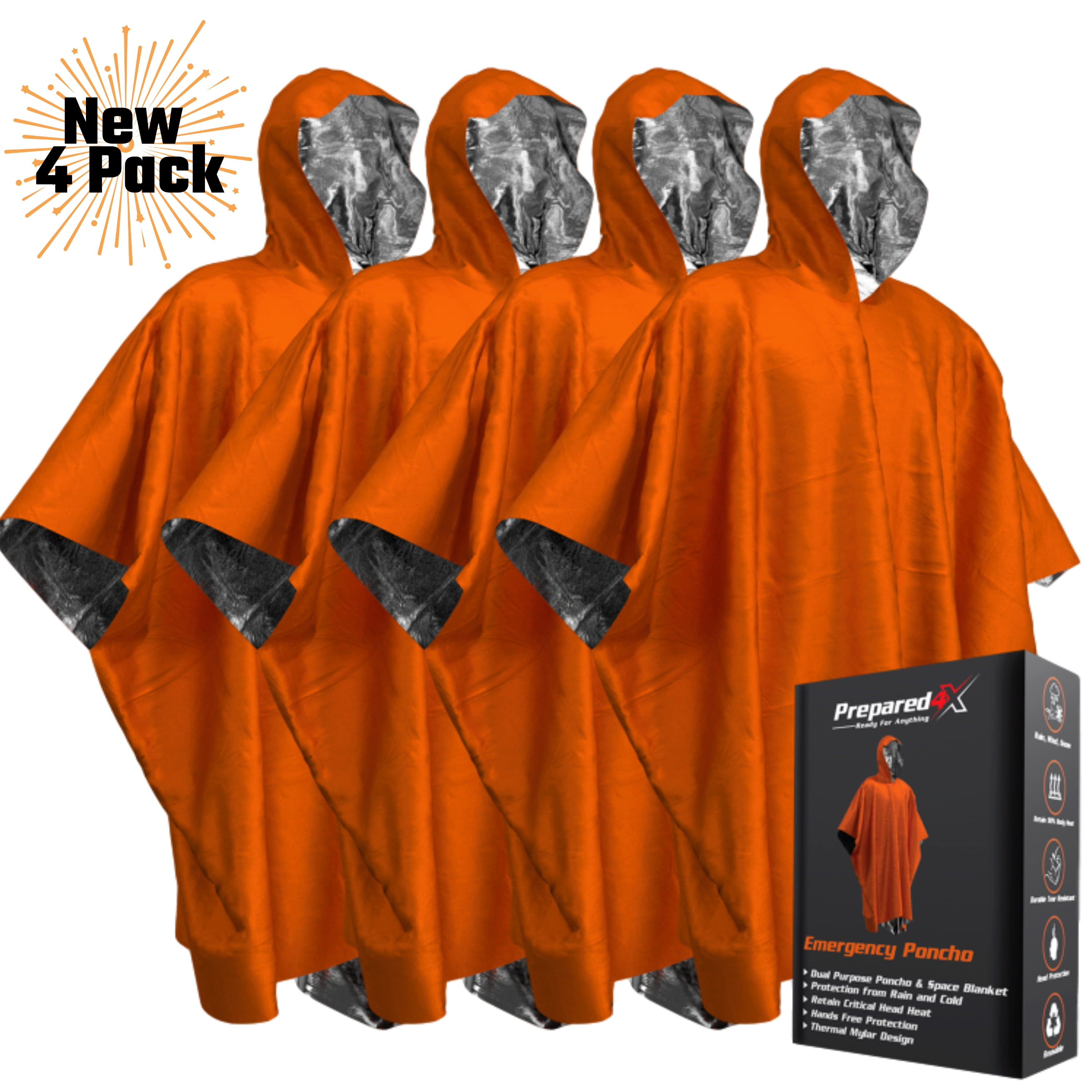 EVERLIT Emergency Survival Rain Poncho Reusable Mylar Thermal Blanket Poncho All Weather Proof Outdoor Camping Gear 4-Pack 