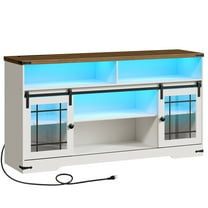 HOOBRO TV Stand for 65 Inch TV,Farmhouse Entertainment Center with LED Lights and Charging Station, Media Console TV Cabinet with Adjustable Shelves and Glass Doors for Living Room, White and Walnut