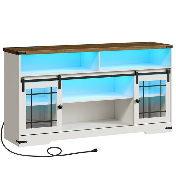 HOOBRO TV Stand for 65 Inch TV,Farmhouse Entertainment Center with LED Lights and Charging Station, Media Console TV Cabinet with Adjustable Shelves and Glass Doors for Living Room, White and Walnut