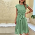 thumbnail image 2 of BLVB Women Summer Casual Dresses Fashion Cap Sleeve Pleated Midi Dress Crewneck Plain Wear to Work Dress with Belt, 2 of 5