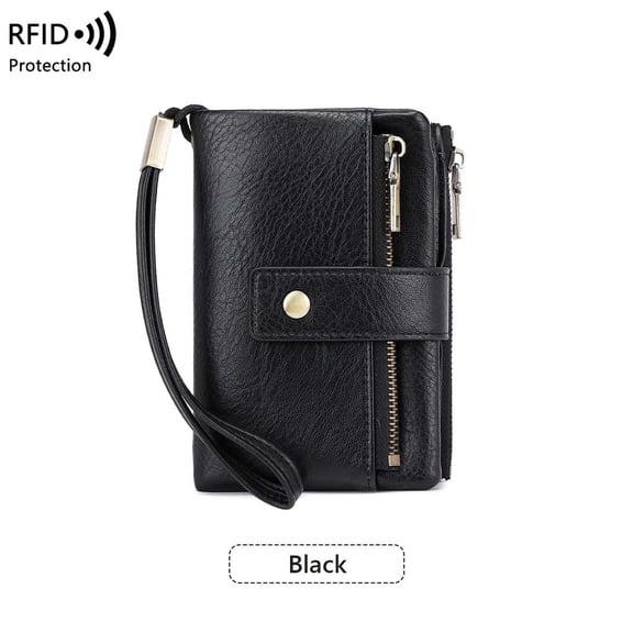 RFID Blocking Leather Wallet for Women with Wrist Strap, Vintage Three-Fold Design, Large Capacity Card and Coin Purse