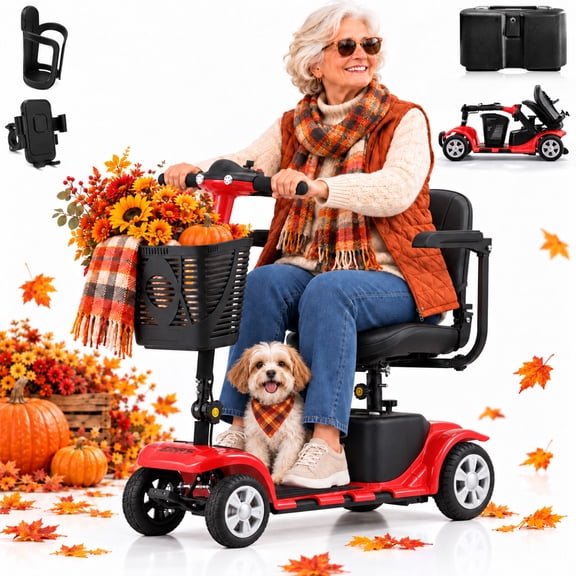 SKRT Mobility Scooter for Adults, Senior, skmc 4 Wheels Electric Powered Chargeable Device for Travel, Lightweight and Portable, with LED Headlights and Basket, Charger Included, Best Present for Mom