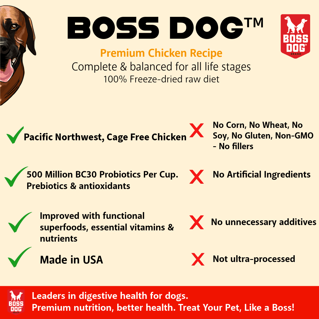 Boss Dog Freeze Dried Meal Probiotic Grain Free Dog Food, Toppers, Treats, Chicken 12oz