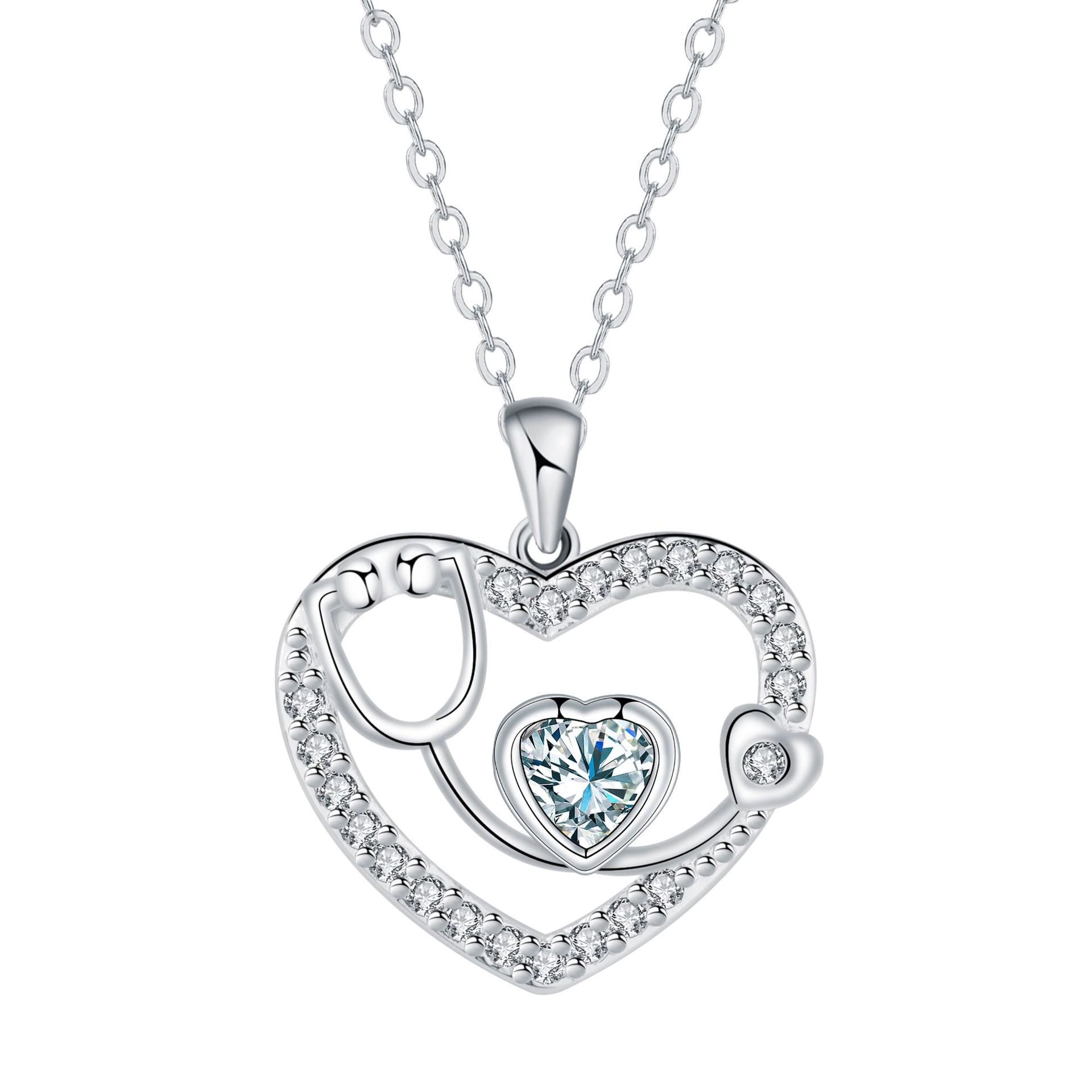 Rynsito Stethoscope Necklace 925 Sterling Silver Nurse Pendant with 12 Months Birthstone, Graduation Gifts Medical Jewelry for Doctor Nurse Medical Student RN