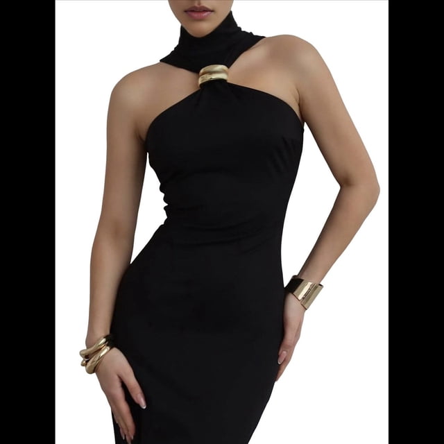 Vestidos Largos Formales Elegantes para Mujer, con Cuello Alto, Sin Mangas, Abertura en la Espalda, para Fiestas, Cócteles y Bodas Negro L