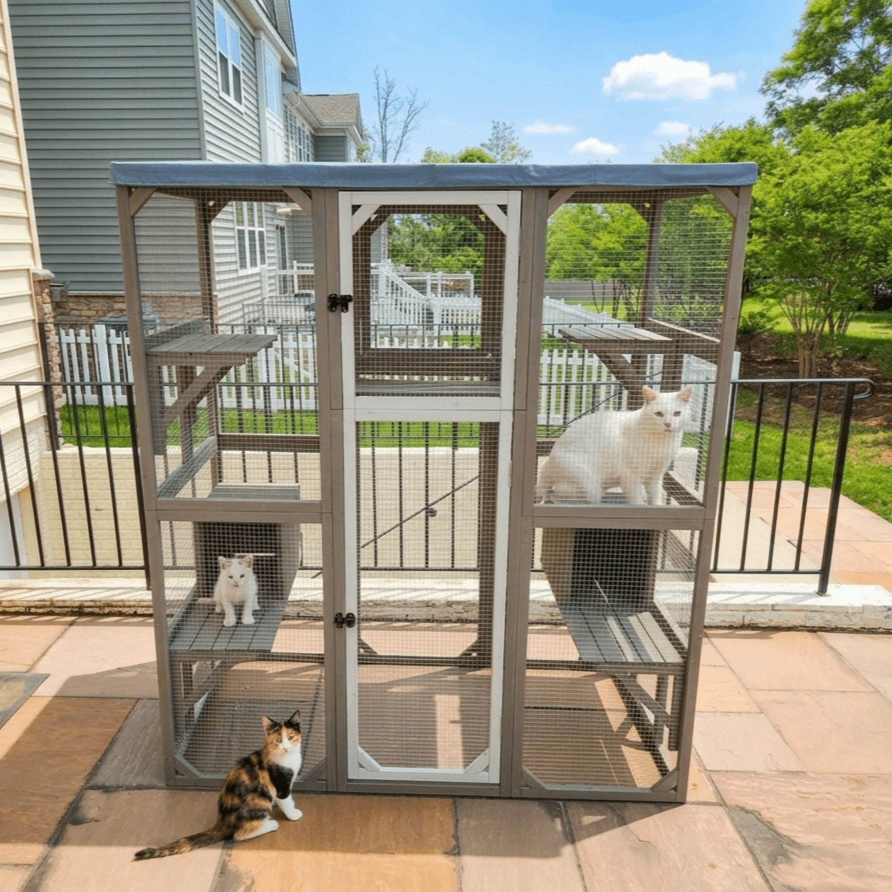 PETSCOSSET Large Outdoor Catio Cat Enclosure, 68" Walk-in Wooden Cat House with 2 Condos, 5 Platforms & Weatherproof Roof Cover, Window Connection, Grey