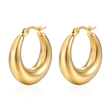 Chunky Gold Hoop Earrings Stainless Steel Crescent Moon Thick Huggie Hoops for Women