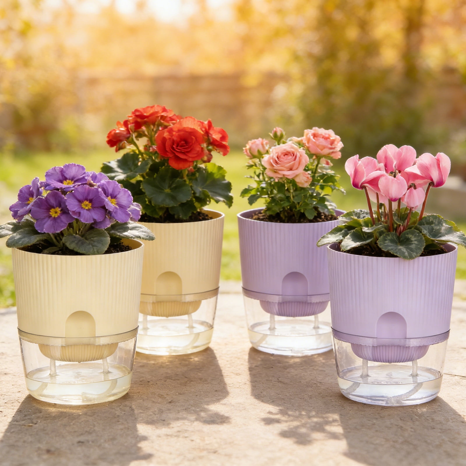 IWNTWY 5.7 inch Self Watering Planters Set of 4, Plastic Indoor Outdoor Flower Pot Plant Pots with Drainage Holes and Saucers