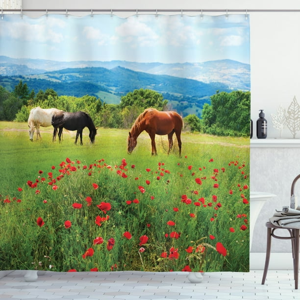 Horses Shower Curtain, Various Kinds of Horses Eating Grass in Field