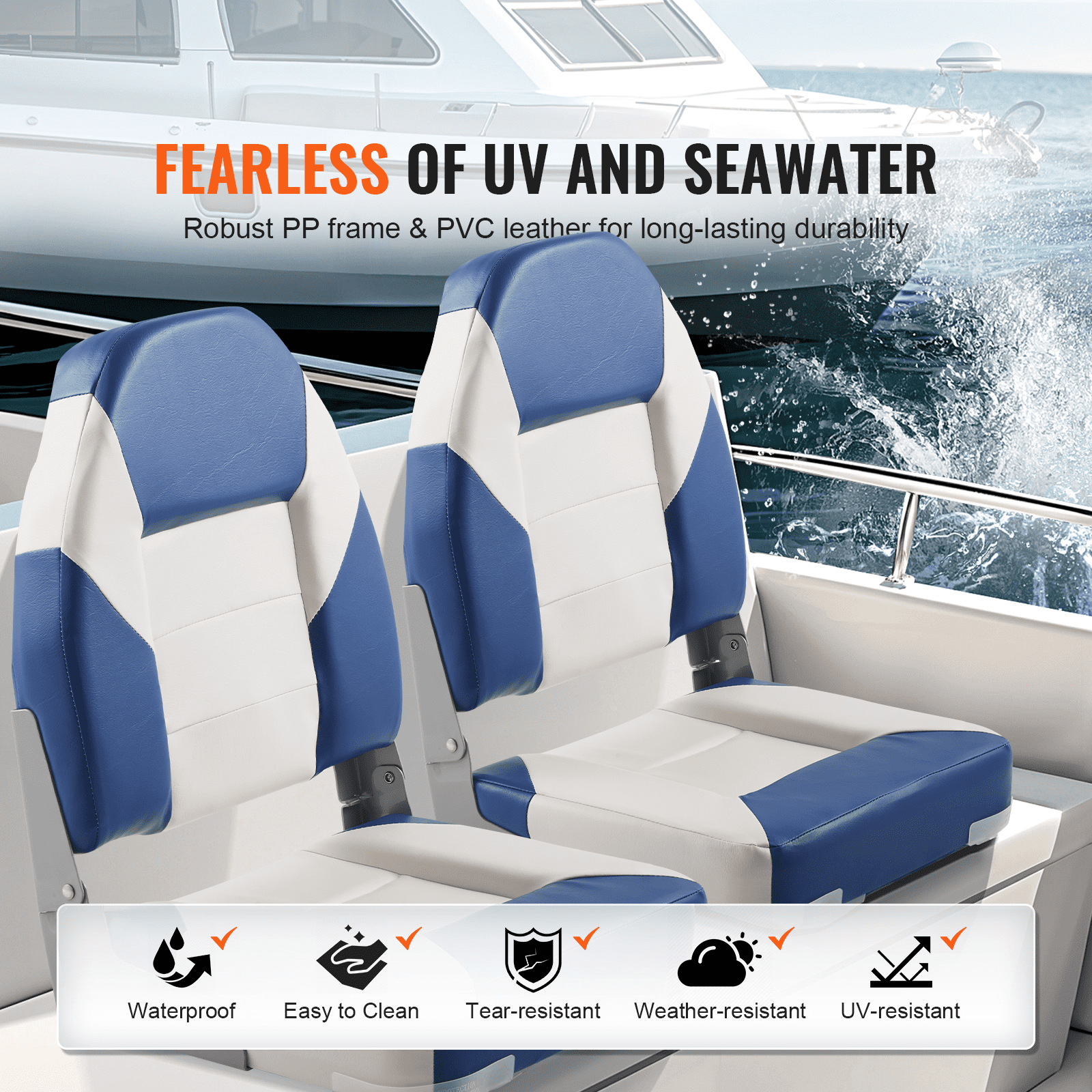 KFFKFF Marine Seats, 21.85" High-Back Folding Seats, Enhanced Sponge Cushion & Hinge Design, Foldable Captain Chairs for Fishing, Sightseeing, Speedboats & Canoes, Set of 2