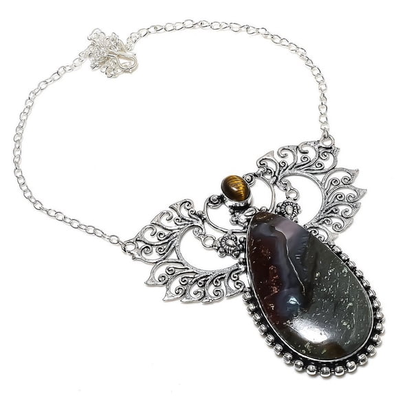 Natural Boulder Opal, Tiger Eye Gemstone 925 Sterling Silver Necklace 18"