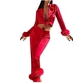 thumbnail image 2 of Munlar Robes For Women,Christmas Loungewear For Family,Women Sexy Casual Turn Down Neck Solid Feather Full Sleeve Button Pants Suit Homewear Pajamas, 2 of 6
