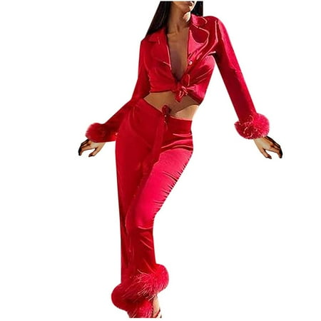 

YWDJ Pajamas for Women Soft Comfy Women Casual Turn Down Neck Solid Feather Full Sleeve Button Pants Suit Homewear Pajamas Red S