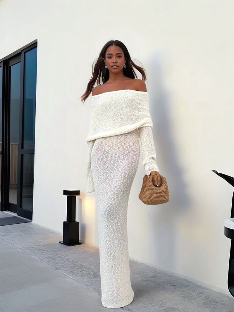 white off the shoulder bodycon midi dress Escolstica White Off Shoulder Midi Dress (Final Sale-US Only), S / White