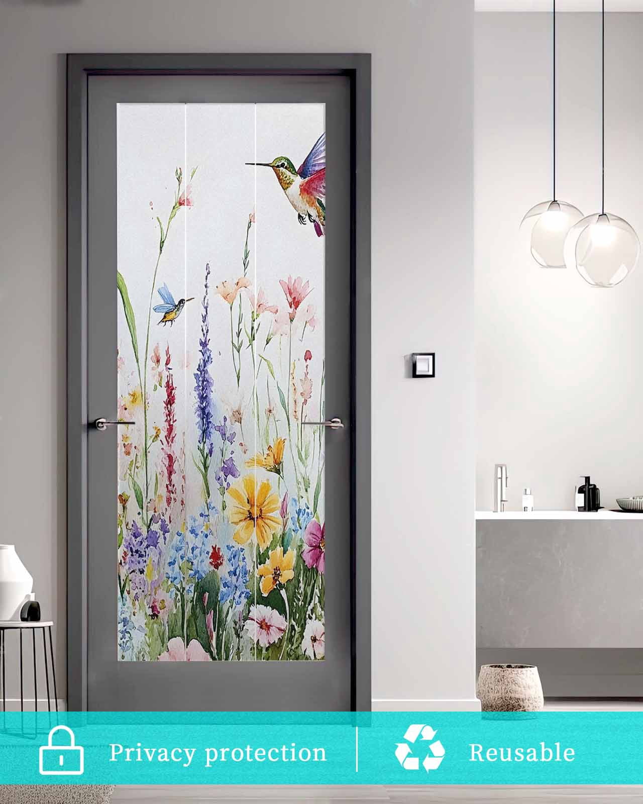 Window Privacy Film Hummingbird Floral Stained Glass Window Film Decorative Sun Block Window Cover Farmhouse Floral Botanical Window Clings Static Adhesive Sticker for Bathroom 29.5"x78.7"