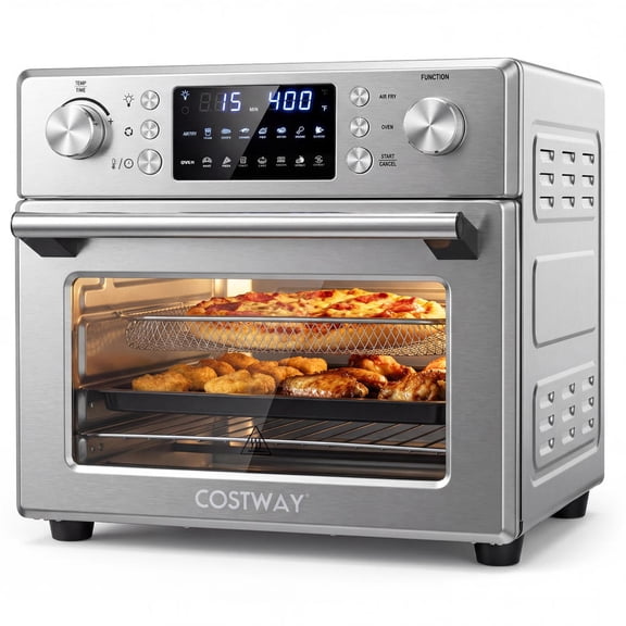26 Qt Countertop Convection Oven 1700W Stainless Steel Toaster Oven with 14 Cooking Modes Rotisserie Fork and Fry Basket Silver